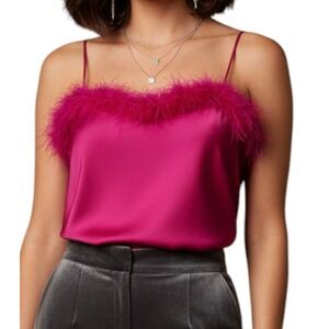 Hot Pink Feather Trim Cami Top Women's Size M Y2K Party Satin Look